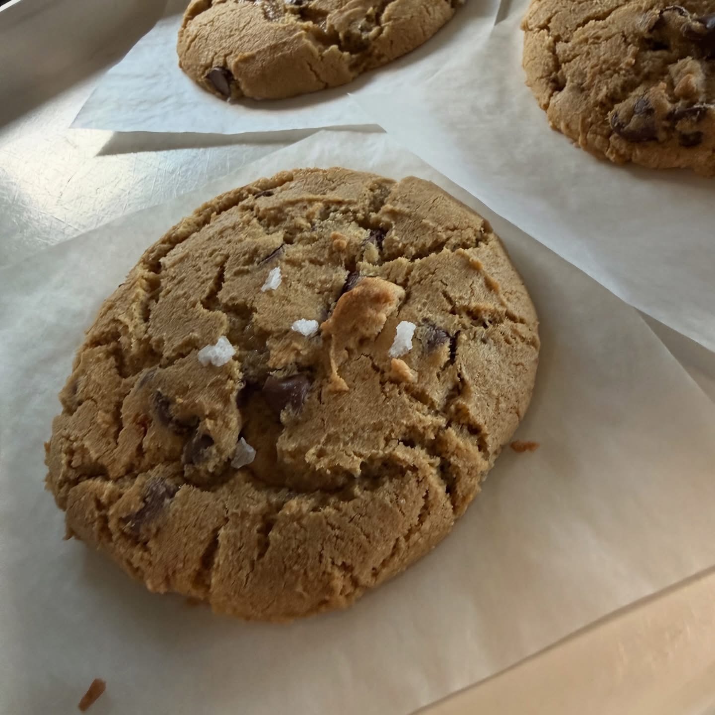 Chocolate chip cookie topped with flaky salt